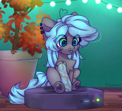 Size: 1280x1175 | Tagged: safe, artist:radioaxi, imported from derpibooru, oc, oc only, earth pony, pony, :3, :p, ahoge, chest fluff, cybernetic arm, hoof heart, ponies riding roombas, potted plant, roomba, simple background, solo, tongue out, underhoof, upside-down hoof heart, white background
