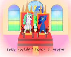 Size: 2000x1603 | Tagged: safe, artist:timcryt, imported from derpibooru, princess celestia, princess luna, pony, carpet, esperanto, looking at each other, looking at someone, throne