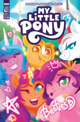 Size: 2063x3131 | Tagged: safe, artist:justasuta, idw, imported from derpibooru, hitch trailblazer, izzy moonbow, pipp petals, sunny starscout, zipp storm, earth pony, pegasus, pony, unicorn, spoiler:g5comic10, comic cover, crown, crystal brighthouse, female, g5, heart, jewelry, male, mane five (g5), mare, my little pony logo, my little pony: make your mark, official, official comic, regalia, selfie, stallion, stars, thunderbolt, tiara