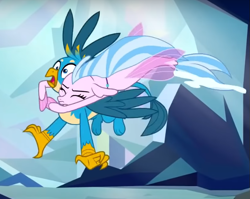 Size: 679x541 | Tagged: safe, imported from derpibooru, screencap, gallus, silverstream, griffon, seapony (g4), what lies beneath, cropped, duo, female, male, seapony silverstream, silverstream hugs gallus, tackle hug