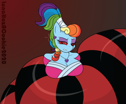 Size: 1860x1547 | Tagged: safe, artist:lunahazacookie, imported from derpibooru, rainbow dash, anthro, snake, aladdin, alternate hairstyle, angry, breasts, bust, busty rainbow dash, cleavage, clothes, coils, ear piercing, earring, eyeshadow, female, hypno dash, hypno eyes, hypnosis, hypnotized, jafar, jewelry, makeup, megaradash, necklace, piercing