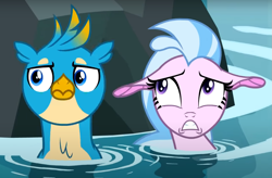 Size: 1067x698 | Tagged: safe, imported from derpibooru, screencap, gallus, silverstream, griffon, seapony (g4), what lies beneath, duo, female, male, seapony silverstream, water