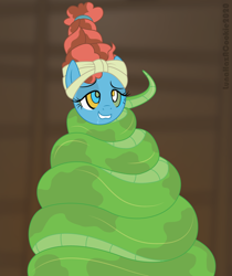 Size: 1300x1550 | Tagged: safe, artist:lunahazacookie, imported from derpibooru, meadowbrook, earth pony, pony, snake, coils, eyelashes, female, hypno eyes, hypnosis, hypnotized, kaa eyes, mare, smiling, solo