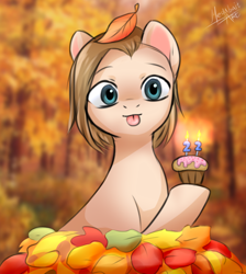 Size: 972x1086 | Tagged: safe, alternate version, artist:megabait, imported from derpibooru, oc, oc only, oc:lana, earth pony, :p, autumn, birthday, cake, food, forest, leaves, leaves in hair, muffin, short hair, tongue out