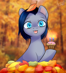 Size: 972x1086 | Tagged: safe, alternate version, artist:megabait, imported from derpibooru, oc, oc only, oc:lina, earth pony, :p, autumn, blue eyes, forest, leaves, leaves in hair, short hair, tongue out