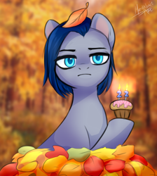 Size: 972x1086 | Tagged: safe, artist:megabait, imported from derpibooru, oc, oc only, oc:lina, earth pony, autumn, birthday, blue eyes, bobcut, cake, food, forest, frown, haircut, leaves, muffin, sadness, short hair