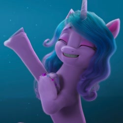 Size: 1080x1080 | Tagged: safe, imported from derpibooru, screencap, izzy moonbow, pony, unicorn, spoiler:my little pony: make your mark, spoiler:my little pony: make your mark chapter 2, spoiler:myms01e07, bracelet, cute, eyes closed, female, friendship bracelet, g5, grin, hoof done it?, izzybetes, jewelry, mare, my little pony: make your mark, my little pony: make your mark chapter 2, raised hoof, smiling, solo, teeth