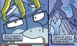 Size: 1079x648 | Tagged: safe, artist:abby bulmer, idw, imported from derpibooru, discord, draconequus, pony, unicorn, spoiler:comic, spoiler:g5comic, spoiler:g5comic05, backstory, flashback, g5, glasses, hand, lightning rod (g5), male, stallion, younger