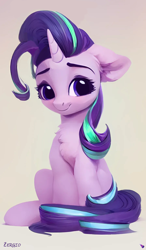 Size: 896x1536 | Tagged: safe, edit, editor:zergio, imported from derpibooru, starlight glimmer, pony, unicorn, adorable face, ai content, ai generated, chest fluff, cute, ear fluff, eyebrows, female, floppy ears, fluffy, generator:purplesmart.ai, generator:stable diffusion, glimmerbetes, gradient background, horn, looking at you, looking back, mare, simple background, sitting, smiling, smiling at you, solo, tail, the quality of ai art is frightening