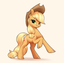 Size: 2964x2910 | Tagged: safe, artist:aquaticvibes, imported from derpibooru, applejack, earth pony, pony, applejack's hat, cowboy hat, female, grin, hat, high res, looking at you, mare, raised hoof, rearing, simple background, smiling, solo