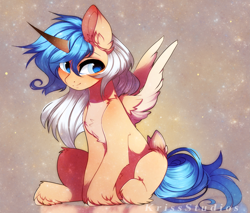 Size: 3021x2579 | Tagged: safe, artist:krissstudios, imported from derpibooru, oc, oc only, alicorn, pony, alicorn oc, blue tail, chest fluff, curved horn, female, horn, mare, pale belly, sitting, smiling, solo, spread wings, tail, two toned mane, unshorn fetlocks, wings