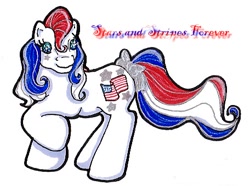 Size: 456x340 | Tagged: safe, artist:sakuracross, imported from derpibooru, oc, oc only, oc:stars and stripes forever, pony, twinkle eyed pony, bow, cute, female, g1, mare, nation ponies, ponified, simple background, solo, starsandstripesforeverdorable, tail, tail bow, united states, white background