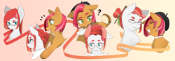 Size: 4163x1447 | Tagged: safe, artist:sugarelement, imported from derpibooru, babs seed, oc, oc:red cherry, earth pony, beret, hair bun, hat, mouth hold, smiling