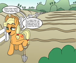 Size: 3308x2763 | Tagged: safe, artist:doodledonutart, imported from derpibooru, applejack, earth pony, pony, comic, fence, field, shovel, solo, speech bubble