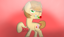 Size: 1735x1000 | Tagged: safe, artist:girlduog, imported from derpibooru, feather bangs, earth pony, pony, blushing, flower, flower in mouth, looking at you, male, mouth hold, one eye closed, raised hoof, smiling, solo, stallion, wink, winking at you