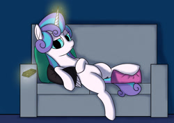 Size: 2048x1444 | Tagged: safe, artist:suryfromheaven, imported from derpibooru, princess flurry heart, alicorn, pony, bored, brat, couch, female, folded wings, glowing, glowing horn, horn, lazy, mare, older, older flurry heart, pillow, raised leg, sleepy, solo, watching tv, wings