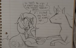 Size: 2309x1456 | Tagged: safe, artist:yidwags, imported from derpibooru, oc, oc only, oc:japanon, oc:sun showers, date, date night, dialogue, food, lined paper, noodles, ramen, traditional art