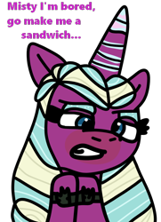 Size: 550x760 | Tagged: safe, artist:jadeharmony, imported from derpibooru, opaline arcana, alicorn, pony, spoiler:g5, spoiler:my little pony: make your mark, bored, eyeshadow, female, food, g5, implied misty brightdawn, makeup, mare, markings, raised hoof, sandwich, simple background, solo, transparent background