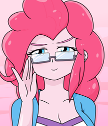 Size: 640x740 | Tagged: safe, artist:batipin, imported from derpibooru, pinkie pie, human, equestria girls, adjusting glasses, breasts, cleavage, female, glasses, looking at you, solo