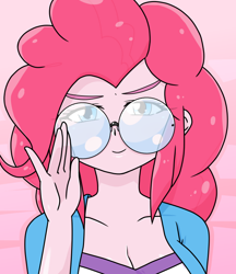 Size: 640x740 | Tagged: safe, alternate version, artist:batipin, imported from derpibooru, pinkie pie, human, equestria girls, adjusting glasses, breasts, cleavage, female, glasses, looking at you, meganekko, round glasses, solo