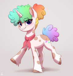 Size: 3584x3752 | Tagged: safe, artist:luminousdazzle, imported from derpibooru, oc, oc only, oc:rainbow clouds, pony, unicorn, curly hair, female, fluffy mane, grin, mare, markings, neckerchief, simple background, smiling, solo, spots, unshorn fetlocks