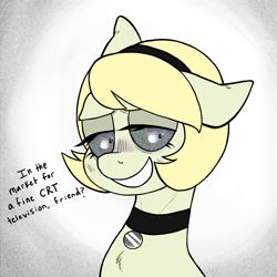 Size: 2000x2000 | Tagged: safe, artist:mclovin, imported from derpibooru, oc, oc:tilly vision, earth pony, pony, collar, female, headband, lidded eyes, looking at you, mare, smiling, smiling at you, static, text