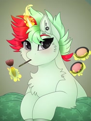 Size: 3000x4000 | Tagged: safe, artist:chromatic-sheen, imported from derpibooru, oc, oc only, pony, unicorn, cheek fluff, chest fluff, ear piercing, female, horn, magic, magic aura, makeup, mare, pencil, piercing, simple background, solo, unicorn oc