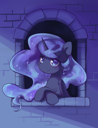 Size: 1696x2207 | Tagged: safe, artist:cherrnichka, imported from derpibooru, princess luna, alicorn, pony, female, looking at you, mare, night, solo, window