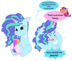 Size: 2220x1868 | Tagged: safe, artist:aztrial, imported from derpibooru, sunny starscout, earth pony, pony, unicorn, brain freeze, crying, cute, dialogue, drinking, duo, eyes closed, female, freckles, funny, g5, literal minded, mare, misty brightdawn, open mouth, question mark, speech bubble, tears of pain, teary eyes