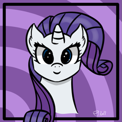 Size: 569x569 | Tagged: safe, artist:scarletdoodle, imported from derpibooru, rarity, blue eyes, bust, female, mare, portrait, purple background, purple hair, simple background, solo