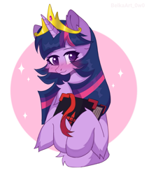 Size: 1507x1767 | Tagged: safe, artist:belkaart0w0, imported from derpibooru, twilight sparkle, pony, unicorn, blushing, book, cheek fluff, chest fluff, crown, cute, female, jewelry, mare, regalia, solo, twiabetes, unicorn twilight