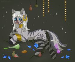 Size: 1998x1644 | Tagged: safe, artist:belkaart0w0, imported from derpibooru, zecora, zebra, :p, alternate hairstyle, blushing, chest fluff, clothes, cute, ear piercing, earring, female, jewelry, neck rings, piercing, poison joke, potion, socks, solo, striped socks, tongue out, zecorable