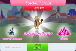 Size: 1270x853 | Tagged: safe, idw, imported from derpibooru, diamond dog, bridge, bundle, bush, choker, clothes, collar, costs real money, dog collar, english, gameloft, gem, hammer, idw showified, male, my little pony: magic princess, official, pocket, sale, solo, solo focus, text, tower, unnamed character, unnamed diamond dog, vest, yellow eyes