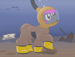 Size: 2048x1556 | Tagged: safe, artist:wingcommanderrudoji, imported from derpibooru, oc, oc only, oc:crash dive, fish, pegasus, pony, boots, bubble, diving, diving helmet, diving suit, footprint, helmet, ocean, shipwreck, shoes, smiling, underwater, water