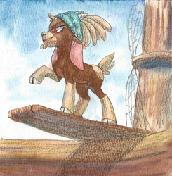 Size: 1280x1307 | Tagged: safe, artist:tigra0118, imported from derpibooru, shanty (tfh), goat, them's fightin' herds, cloven hooves, colored pencil drawing, community related, female, mast, pirate, pirate ship, plank, raised hoof, ship, sky, solo, traditional art, watercolor painting