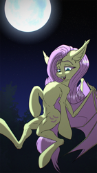 Size: 1300x2311 | Tagged: safe, artist:coreboot, imported from derpibooru, fluttershy, bat pony, semi-anthro, bat ponified, chest fluff, female, flutterbat, mare, moon, night, race swap, solo, tree