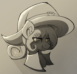 Size: 3684x3552 | Tagged: safe, artist:czu, imported from derpibooru, oc, oc only, oc:coven, earth pony, pony, bust, grayscale, grin, hat, lidded eyes, looking back, male, monochrome, portrait, sharp teeth, smiling, solo, spider web, teeth, witch hat