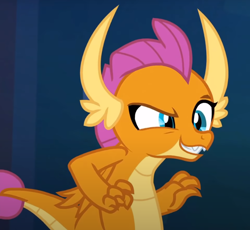 Size: 800x736 | Tagged: safe, imported from derpibooru, screencap, smolder, dragon, school raze, cropped, dragoness, dreamworks face, evil grin, female, grin, raised eyebrow, smiling, solo