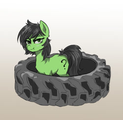 Size: 723x707 | Tagged: safe, artist:anonymous, imported from twibooru, oc, oc:filly anon, pony, /mlp/, blushing, drawthread, female, filly, gradient background, grumpy, image, looking at you, needs more jpeg, ponified animal photo, wheel tire