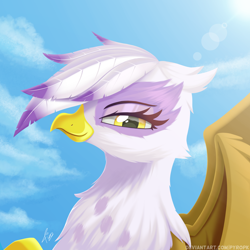 Size: 2500x2500 | Tagged: safe, artist:pyropk, imported from twibooru, gilda, griffon, bust, feather, female, image, looking at you, png, portrait, sky, solo, wings
