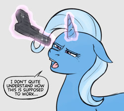 Size: 900x810 | Tagged: artist needed, safe, imported from twibooru, trixie, pony, unicorn, /mlp/, 4chan, confused, female, floppy ears, glowing horn, gray background, gun, handgun, horn, image, looking at something, magic, magic aura, mare, needs more jpeg, open mouth, pistol, pointing gun, simple background, solo, squint, t:em/p/o, talking, text, this will end in death, weapon