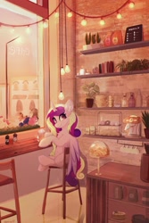 Size: 1368x2048 | Tagged: safe, artist:nyota71, princess cadance, roseluck, alicorn, pony, chair, coffee, coffee machine, coffee shop, female, food, high chair, lamp, mare, menu, pepper, potted plant, salt, shop, sitting, table, tea, tea shop, window