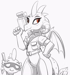 Size: 2609x2788 | Tagged: safe, artist:pabbley, imported from derpibooru, princess ember, spike, dragon, april o'neil, camera, clothes, cosplay, costume, donatello, dragoness, duo, female, grayscale, hand on hip, high res, jumpsuit, looking at you, male, mask, monochrome, partial color, simple background, smiling, smiling at you, teenage mutant ninja turtles, white background