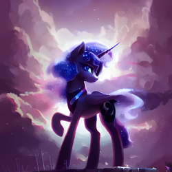 Size: 1024x1024 | Tagged: safe, imported from derpibooru, prompter:zealousmagician, princess luna, alicorn, pony, ai content, ai generated, blue eyes, cloud, ethereal mane, ethereal tail, female, flowing mane, generator:purplesmart.ai, generator:stable diffusion, long legs, looking at you, mare, raised hoof, slim, solo, standing, starry mane, tail