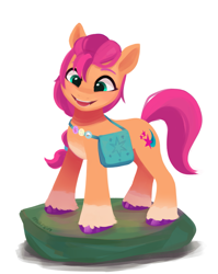 Size: 2413x3037 | Tagged: safe, artist:maren, imported from derpibooru, sunny starscout, earth pony, pony, bag, cute, female, figurine, g5, mare, markings, open mouth, simple background, solo, sunnybetes, unshorn fetlocks, white background