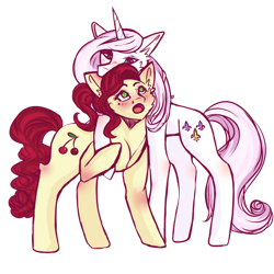 Size: 894x894 | Tagged: safe, artist:julytoo, imported from derpibooru, cherry jubilee, fleur-de-lis, cherry-de-lis, female, lesbian, missing accessory, multicolored mane, multicolored tail, pink mane, pink tail, red mane, red tail, shipping, simple background, tail, tan coat, transparent background, white coat, white mane, white tail