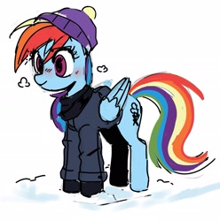 Size: 1881x1898 | Tagged: safe, artist:_ton618_, imported from derpibooru, rainbow dash, pegasus, pony, blushing, breath, clothes, coat, cute, dashabetes, female, hat, mare, simple background, smiling, snow, solo, white background, winter outfit