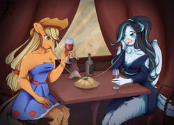 Size: 1280x923 | Tagged: safe, artist:ritios, imported from derpibooru, applejack, oc, oc:bubi, anthro, bird, earth pony, alcohol, anthro oc, applejack's hat, bare shoulders, bottle, breasts, canon x oc, cleavage, clothes, cowboy hat, date, dinner, dress, female, food, glass, hat, lesbian, pasta, sitting, sleeveless, spaghetti, strapless, table, wine, wine bottle, wine glass
