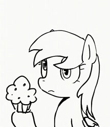 Size: 617x719 | Tagged: safe, artist:maren, imported from derpibooru, derpy hooves, pegasus, pony, 2013, bust, doodle, female, food, holding, mare, muffin, old art, sitting, solo