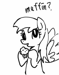 Size: 800x1009 | Tagged: safe, artist:maren, imported from derpibooru, derpy hooves, pegasus, pony, 2013, bipedal, bust, dialogue, doodle, female, food, hoof hold, mare, muffin, old art, smiling, solo, spread wings, wings